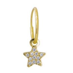 An ancient symbol of triumph of spirit over matter, our 18k Gold Pavé Tiny Center Star represents the 4 basic elements of earth, water, fire, and air, with the top point represent the 5th element, know in Latin as "quinta essential" that binds the 4 elements together. Today we refer to this 5th element as Quintessence.   18k Gold Star Charm with Pavé Cubic Zirconia floats Hoop sold separately 