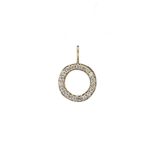 A timeless embodiment of elegance and simplicity that captures the essence of refined beauty. This charm celebrates the classic shape of a circle, adorned with the unmatched brilliance of diamonds, creating a piece that radiates with understated luxury.  Textured 14k recycled yellow gold 19 white diamonds line the perimeter of the charm Charm sold individually Handcrafted in NYC 