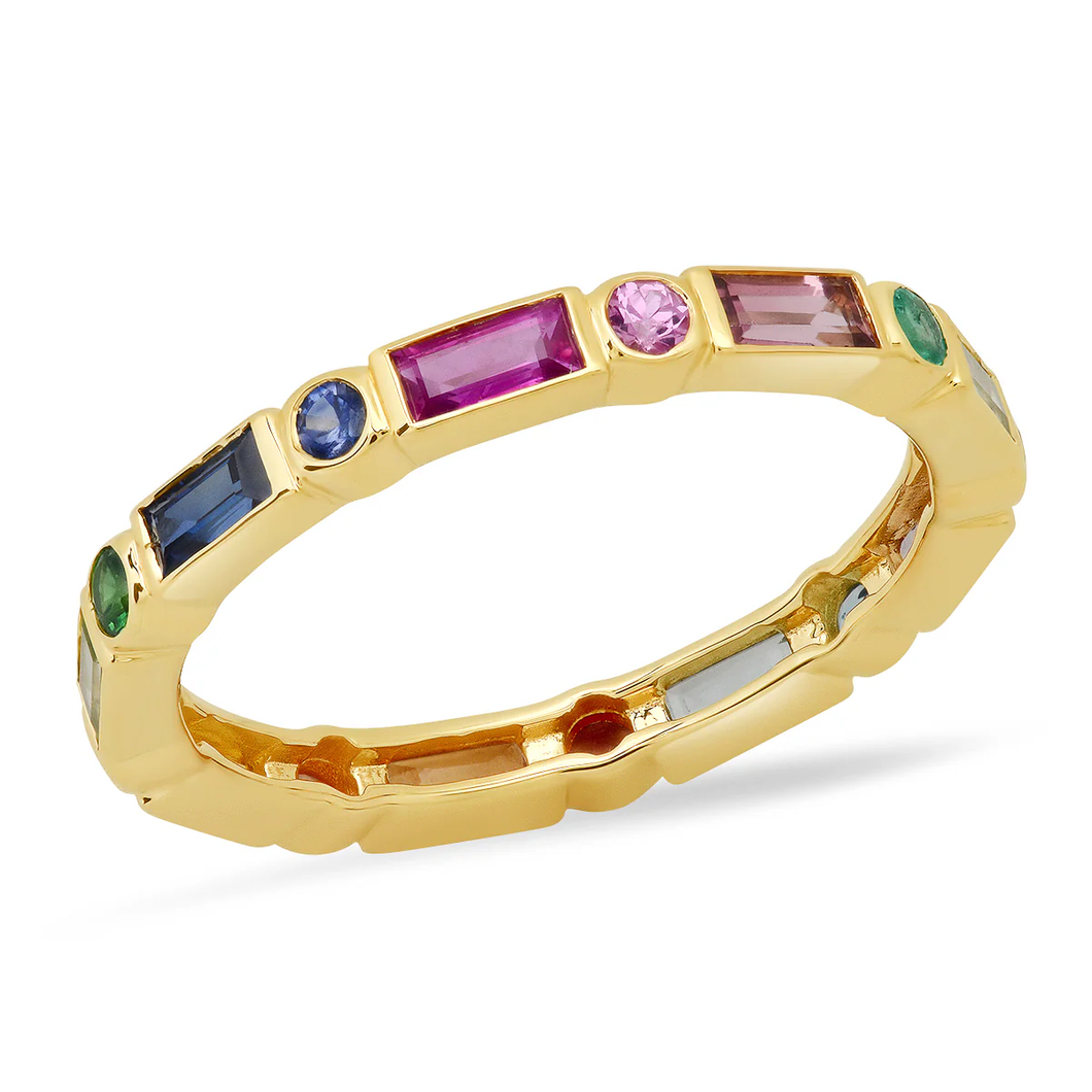 14K Rainbow Bezel Set Round & Baguette Ring