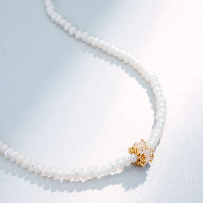 White Pearl Beaded Necklace w/ Baguette Diamond Roundel Center alternate view