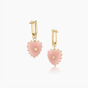 14k Gold Plated Thatch Eden Hoops, a stunning combination of elegance and charm. These exquisite hoops are adorned with carved pink opal heart charms, adding a soft, romantic touch to your look. The heart-shaped opals are beautifully complemented by sparkling cubic zirconia accents, bringing just the right amount of shimmer. Perfect for adding a playful yet sophisticated flair to any outfit, these hoops are a must-have for those who appreciate fine craftsmanship and timeless beauty. 