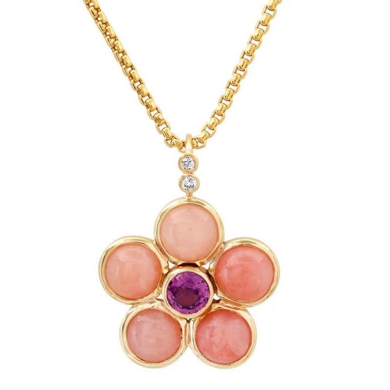 Pink Opal, Purple sapphire & Diamond Blossom Necklace