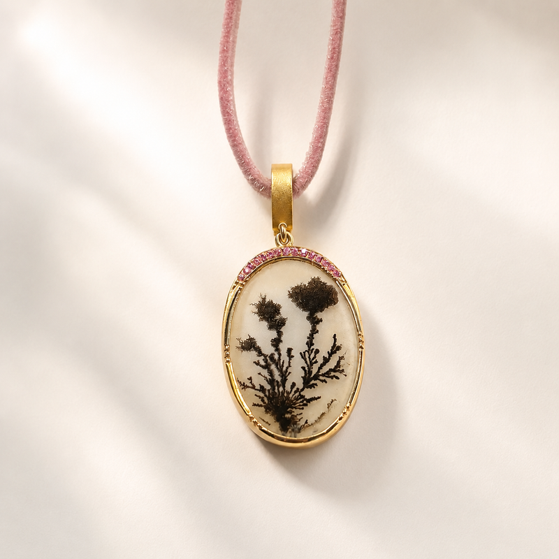 Dendritic Agate Pink Sapphire Halo Flora Charm Necklace