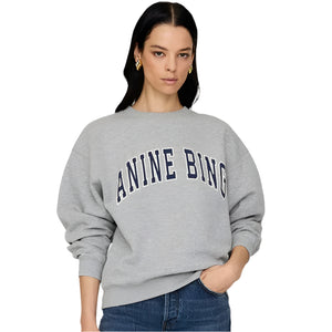 Person wearing a gray sweatshirt with 'ANINE BING' text on a plain background