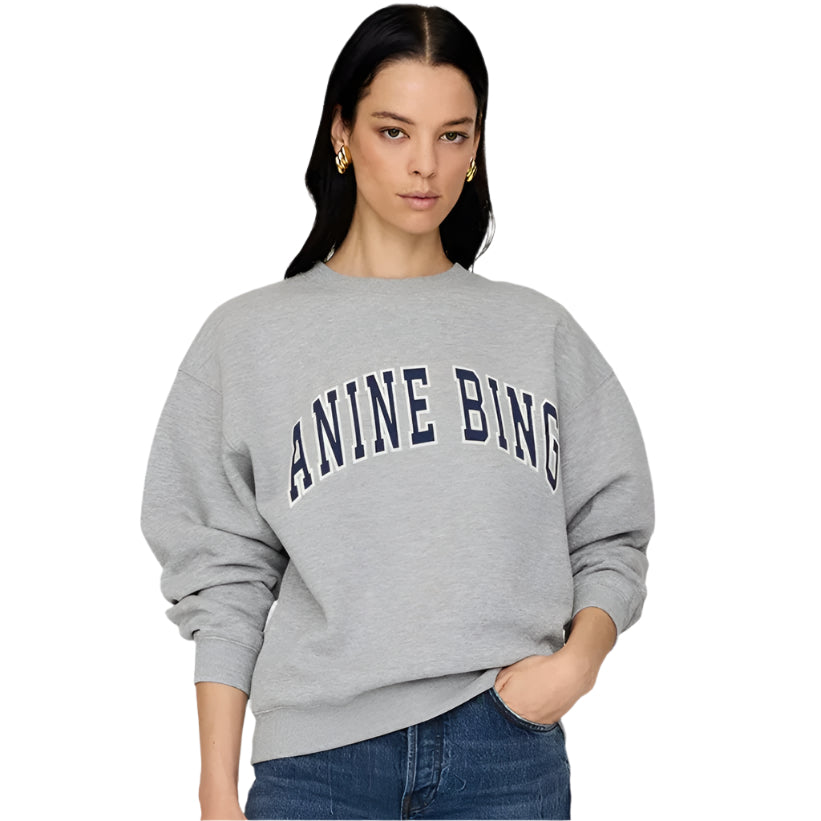 Person wearing a gray sweatshirt with 'ANINE BING' text on a plain background