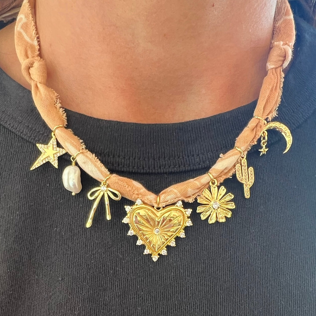 Light Beige Heart Charm Bandana Necklace