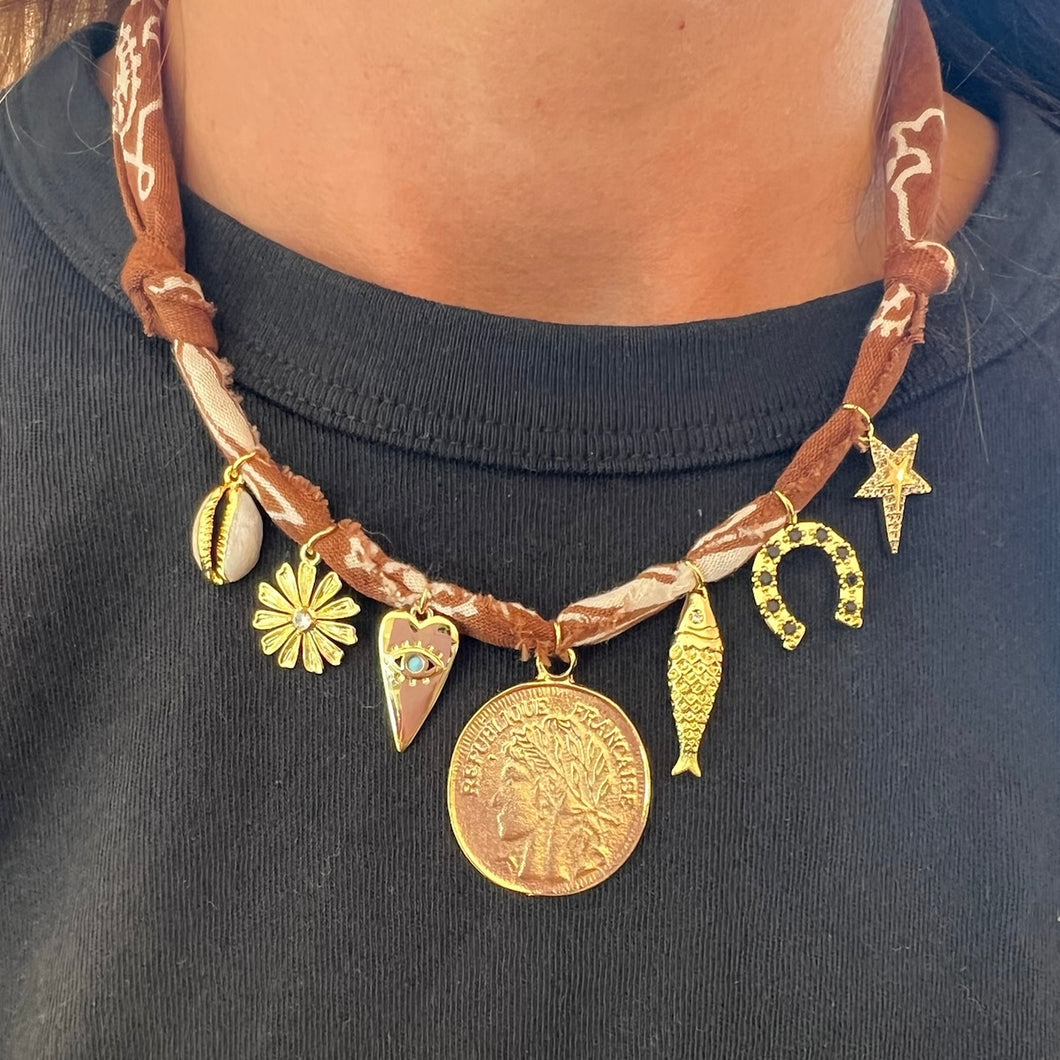 Brown Coin Bandana Charm Necklace