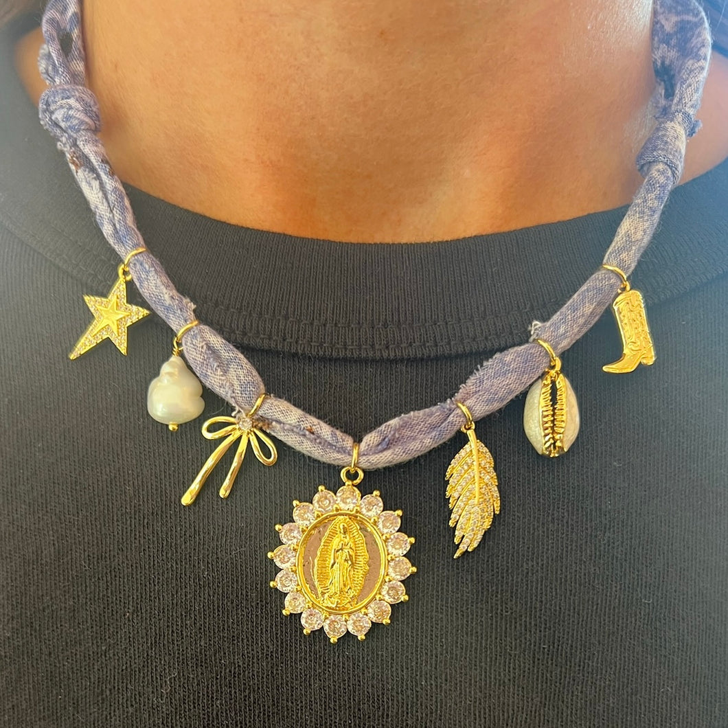 Denim Blue Madonna Bandana Charm Necklace