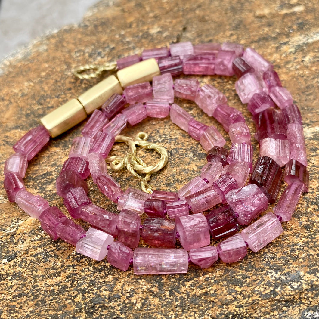 18K Tube Shaped Pink Tourmaline Beaded Necklace