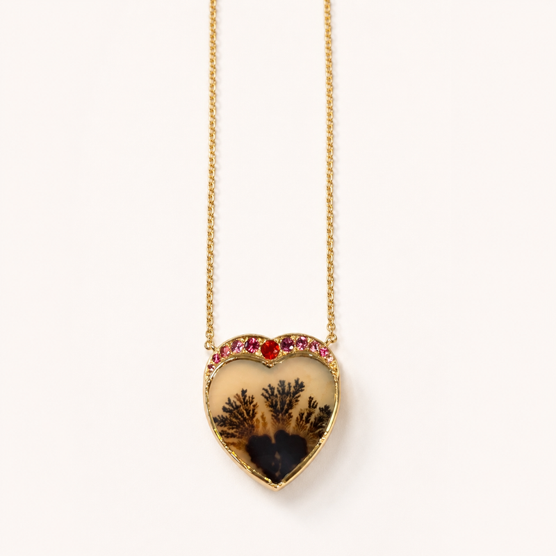 Dendritic Fire Opal Spinel Heart Fern Necklace