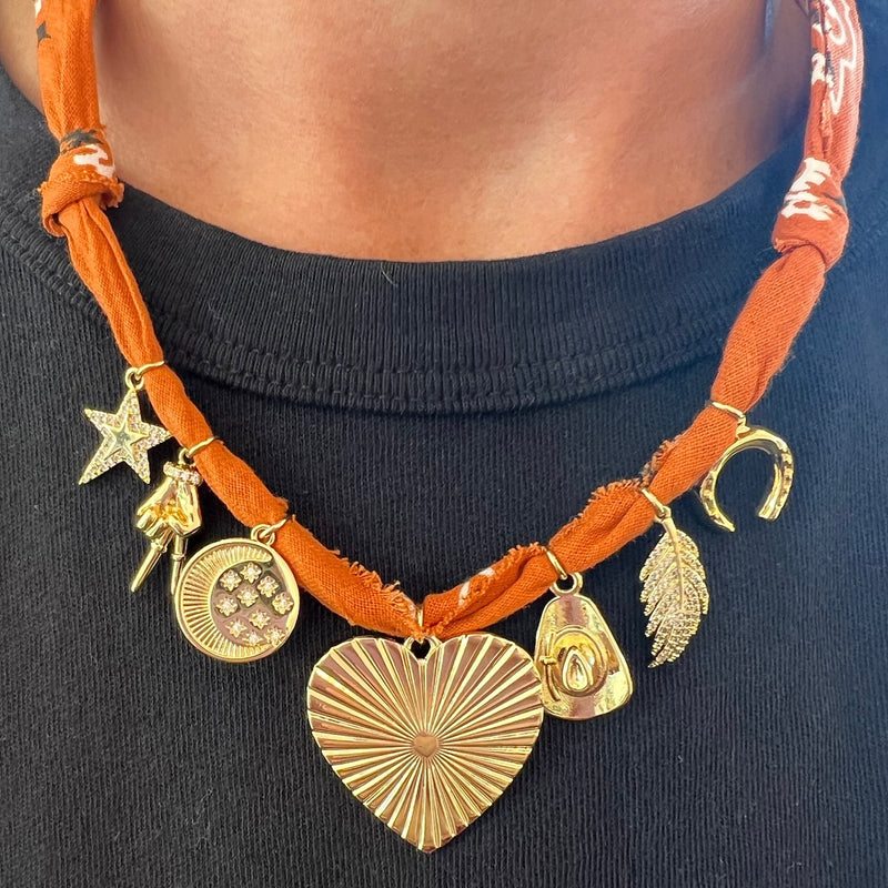 Burnt Orange Fluted Heart Bandana Charm Necklace