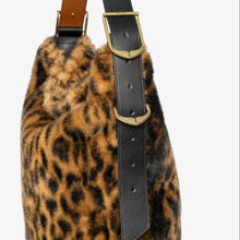 Load image into Gallery viewer, Leopard print bag with a black strap and gold buckle on a white background

