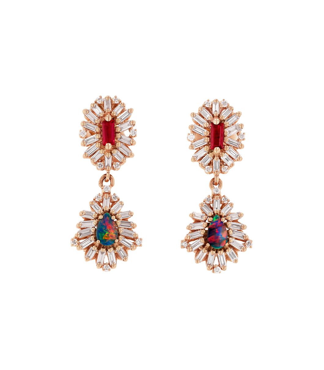 18K RG One of a Kind  Ruby Opal & Diamond Doublet Drop Earrings