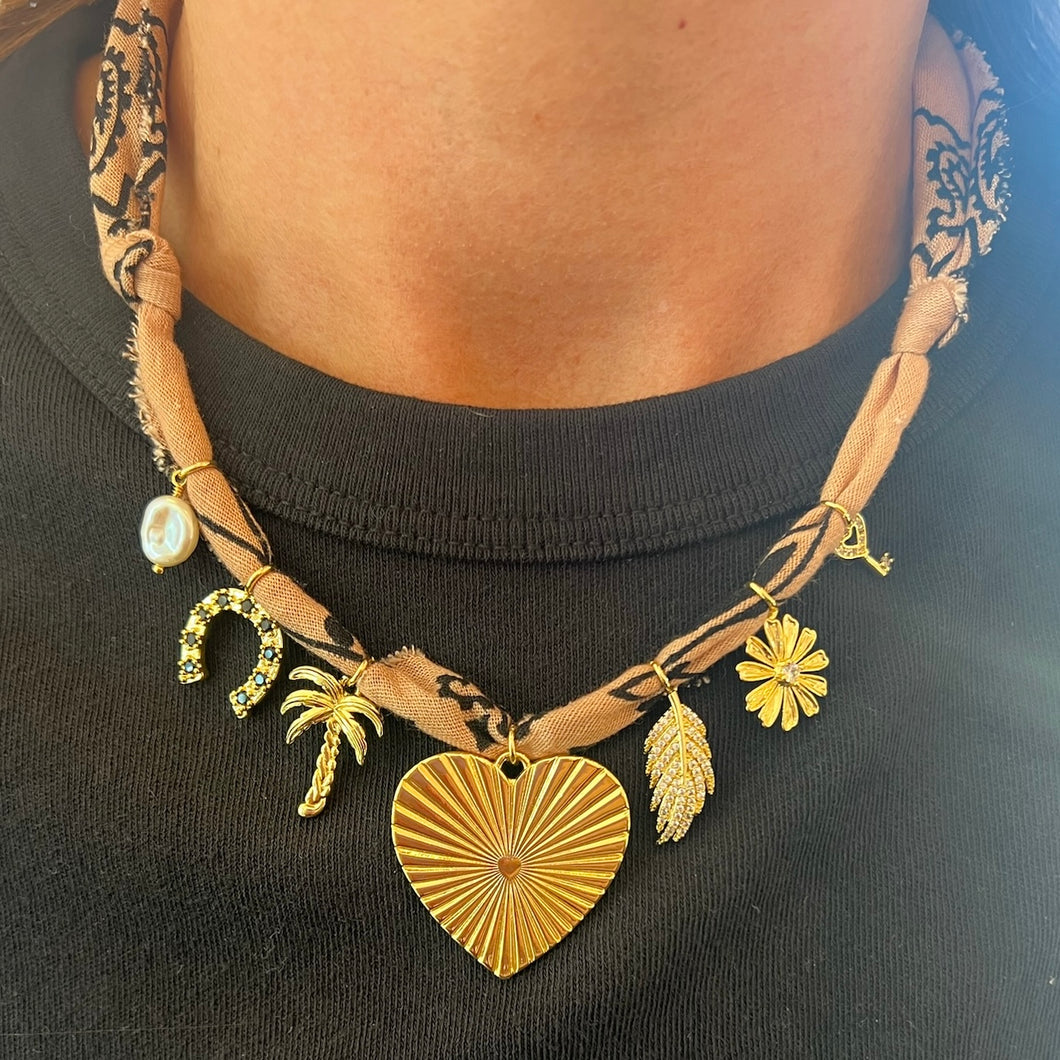 Beige Tan Fluted Heart Bandana Charm Necklace