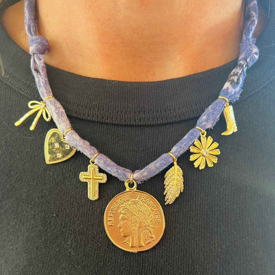 Denim Blue Coin Bandana Charm Necklace