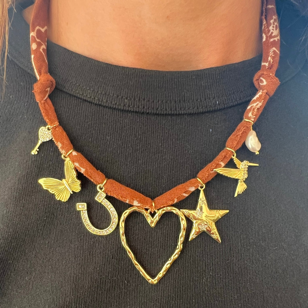 Dark Tan Heart Open Heart Charm Bandana Necklace