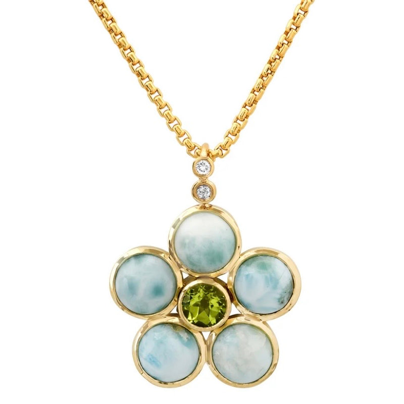 Larimar, Peridot and Diamond Blossom Neclace