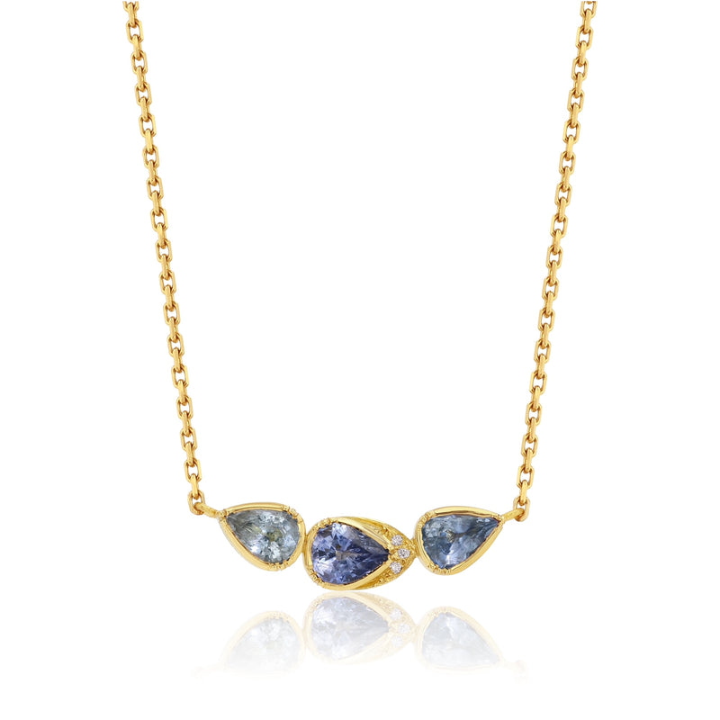 Triple Blue Sapphire Diamond Halo Necklace