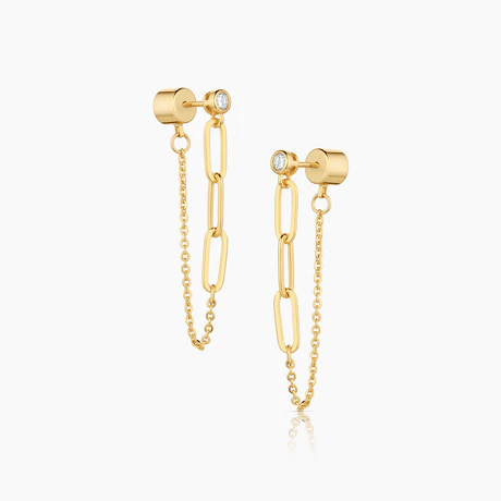 Make a bold yet elegant statement with Thatch's 14k gold plated cubic zirconia stud and mixed chain drape earrings. These unique earrings feature a stunning cubic zirconia stud that shines with brilliant clarity, paired with a delicate mix of chains that drape gracefully for a modern, layered look. Perfect for adding a touch of sparkle and movement to any outfit, these earrings offer a sophisticated blend of glamour and contemporary design. Whether for a special occasion or an everyday style boost, these ea