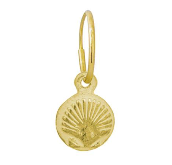 A beautiful symbol of pilgrimage and passion, our 18k GoldTiny Marina Shell represents hope and pure love. Through out history, scalloped shells have been an expression of pure passion and the protective nature of love as the two halves of a scalloped shell come together to form a precious pearl. Worn as a protective talisman for travelers dating back to the Crusades,it is believed to promote courage, strength and hope for safe journey.  18k Gold Charm float Hoop sold separately 
