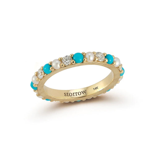 Inspired by heirloom pieces found at antique fairs and jewelry shows across the world, Storrow celebrates nostalgia and a romantic Victorian aesthetic. 14K YG Turquoise Pearl, .53 CT HS13 Diamond