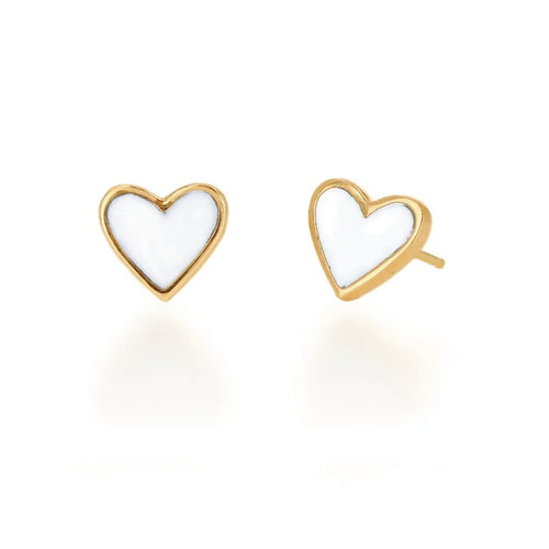 The white enamel heart stud earrings are more than just jewelry; they are a symbol of affection, capturing the essence of love and beauty in a simple yet captivating design. A thoughtful gift for a loved one or a charming addition to your personal collection, these earrings are a timeless expression of refined taste and sentiment. 14K Yellow Gold  Approximate height is 0.23