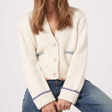 Load image into Gallery viewer, This cardigan is crafted from a chunky knit Italian cotton blend, featuring a V-neckline with a ribbed edge and long raglan sleeves with turn-up cuffs. Its ribbed hem and front placket with three buttons accentuate its straight knitted design and casual fit, complemented by front pockets and drop shoulders. Made from Italian yarn, it includes contrast trim and can be cared for by hand washing, with dry cleaning also possible. The composition consists of 54% cotton, 36% Merino wool, and 10% nylon.
