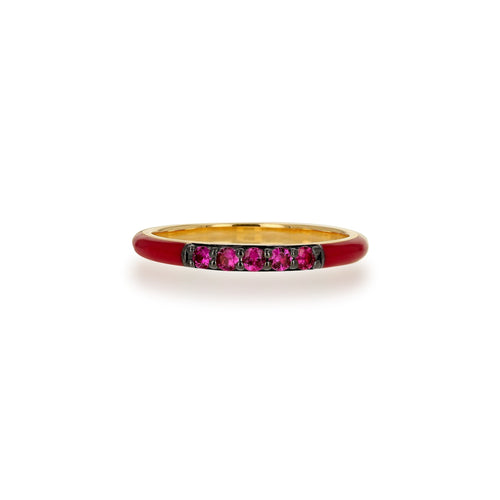 Berry Enamel & Ruby Band Ring - The ruby's fiery brilliance is complemented by the surrounding enamel detailing, which adds a touch of contrast and depth to the design.  The ring beautifully marries the deep allure of precious gemstones with the intricate artistry of enamel work. * 14K Yellow Gold Berry Enamel & Ruby Band Ring * Size 7 