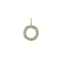 Load image into Gallery viewer, A timeless embodiment of elegance and simplicity that captures the essence of refined beauty. This charm celebrates the classic shape of a circle, adorned with the unmatched brilliance of diamonds, creating a piece that radiates with understated luxury.  Textured 14k recycled yellow gold 19 white diamonds line the perimeter of the charm Charm sold individually Handcrafted in NYC 
